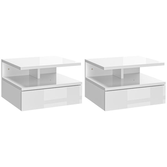 HOMCOM Set of Two Floating High Gloss Bedside Tables - White