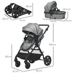 HOMCOM Foldable Baby Stoller, with Reclining Backrest, Adjustable Canopy, for Ages 0-36 Months - Grey