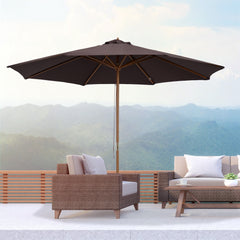 Outsunny 3(m) Garden Parasol, Pulley Operated Patio Umbrella, Wooden Parasol, Table Market Umbrella with Rope Pulley Mechanism and 8 Ribs, Coffee