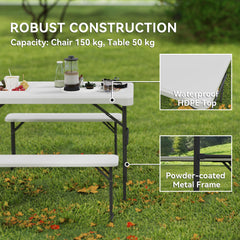 Outsunny 3 Piece 4ft Folding Picnic Table and Bench Set, Portable HDPE Camping Table and Chairs with Carrying Handle for Indoor Outdoor, Dining, Camping, Picnic, BBQ, Party, Light Grey