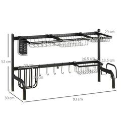 HOMCOM Space Saving 2 Tier Adjustable Dish Drainer Over The Sink Dish Drying Rack, Black