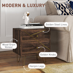 HOMCOM Bedside Tables Set of 2, Modern Side Table Set with 2 Drawers and Steel Hairpin Legs, Nightstand for Bedroom, Brown Wood Grain