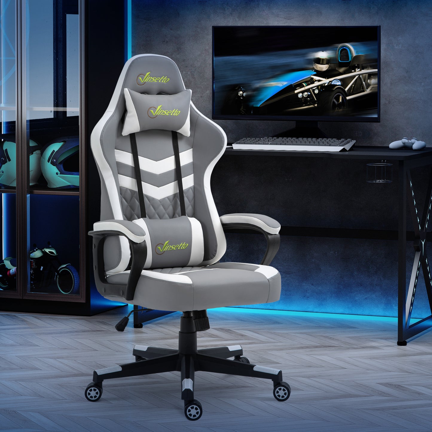 Vinsetto Gaming Chair, Computer Desk Chair with Lumbar Support, Faux Leather Racing Chair with Headrest and Swivel Wheels for Home Office, Grey White