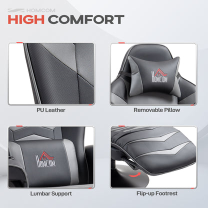 HOMCOM Massage Recliner Chair with Remote, PU Leather Recliner Armchair with Cup Holders and Side Pockets, Racing Style Reclining Chair with Headrest, 360√Ç¬∞ Swivel, Lumbar Support, Grey