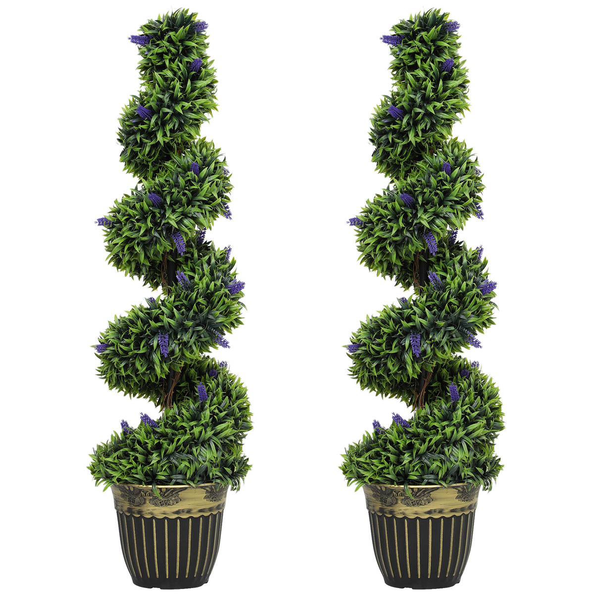 HOMCOM Set of 2 Decorative Artificial Plants, Boxwood Spiral Topiary Tree with Lavender and Pot, Fake Plants for Home Indoor Outdoor Decor, 115cm