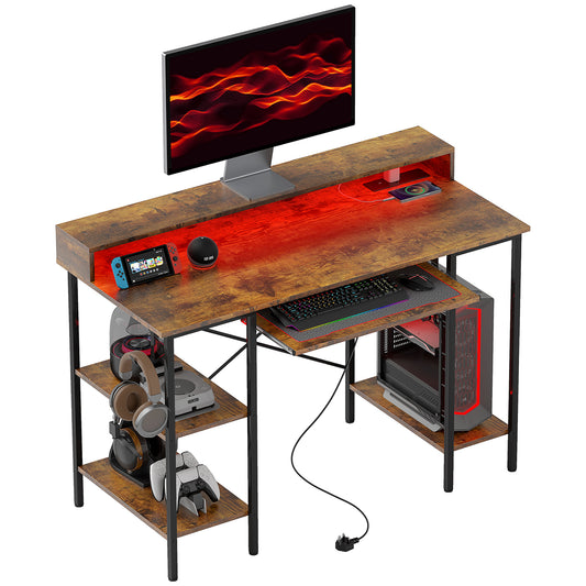 HOMCOM Reversible Computer Desk with LED Lights and Power Outlets, 120 x 55 cm Gaming Desk with Monitor Stand, Sliding Keyboard Tray and Storage Shelves, Industrial Home Office Desk, Rustic Brown