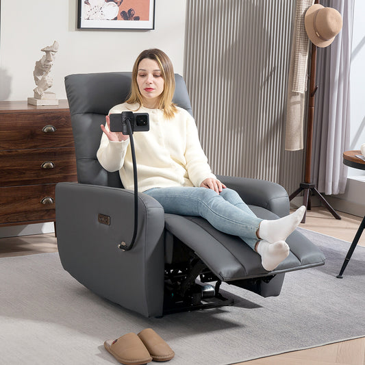 HOMCOM Electric Recliner Armchair with USB + Type C Charge Port, Phone Holder, PU Leather Reclining Chair with Adjustable Leg Rest, Recliner Chair for Home Living Room Theater, Grey