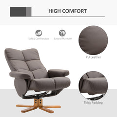 HOMCOM Recliner Armchair, Swivel Reclining Chair With Ottoman, Swivel Faux Leather Chair with Wooden Base and Storage Footstool for Living Room, Brown