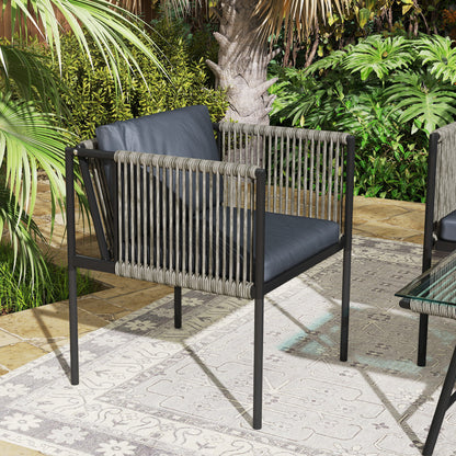 Outsunny 4 Piece Rattan Garden Furniture Set, 4 Seater Wicker Outdoor Furniture Set with 2 Armchairs, Loveseat, Glass Top Coffee Table and Cushions for Balcony, Porch, Grey