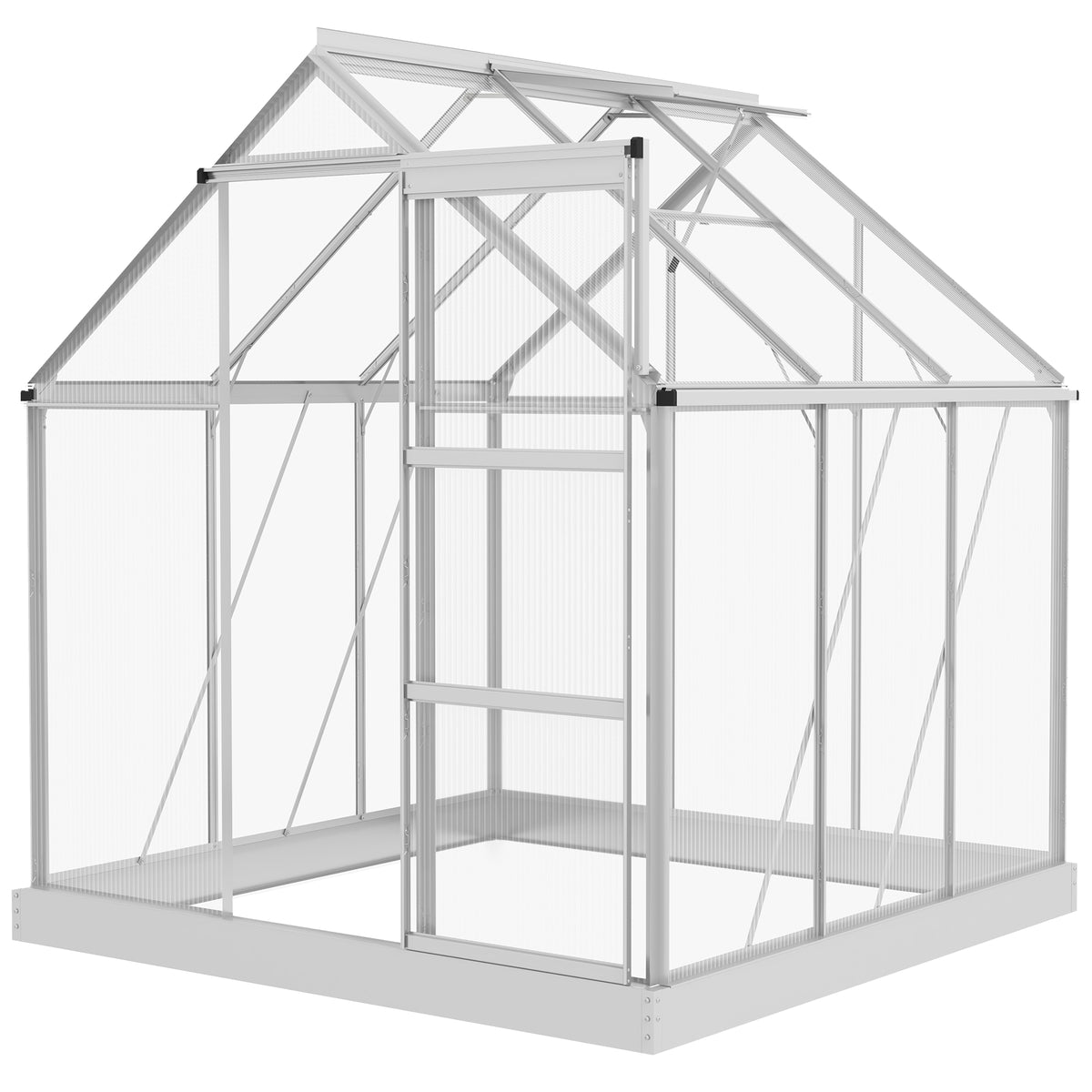 Outsunny 6 x 6ft Walk-In Greenhouse, Polycarbonate Greenhouse with Sliding Door, Window, Aluminium Frame, Foundation, Silver