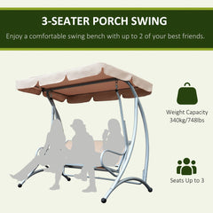 Outsunny 3 Seater Garden Swing Seat Bench Steel Swing Chair with Adjustable Canopy for Outdoor Patio Porch - Beige