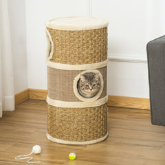 PawHut Cat Scratching Barrel Kitten Tree Tower for Indoor Cats Pet Furniture Climbing Frame Covered with Sisal and Seaweed Rope Cozy Platform Soft Plush