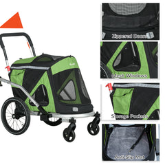 PawHut 2 in 1 Aluminium Foldable Dog Bike Trailer, Pet Stroller, for Medium Dogs - Green