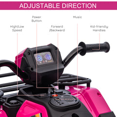 HOMCOM 12V Kids Quad Bike with Forward, Reverse Functions, Ride-On ATV w/ Music, LED, Headlights, for Ages 3-5 Years - Pink