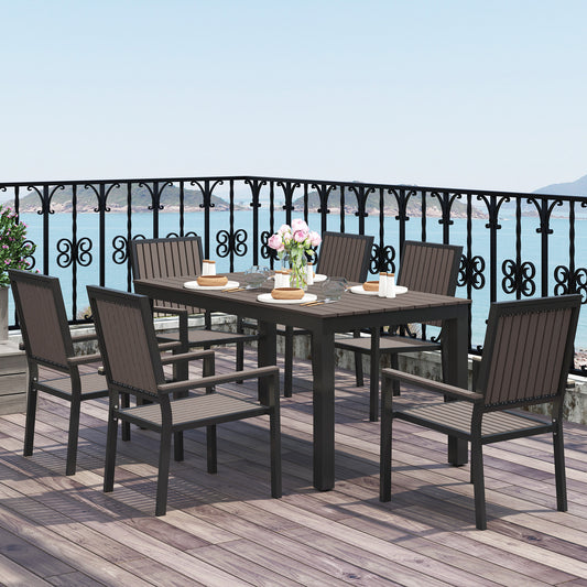 Outsunny 6 Seater Garden Dining Set with Stackable Chairs, Aluminium Frame, Rectangular Plastic Top, Garden Furniture Set, Outdoor Dining Table and Chairs for Patio, Balcony, Poolside, Brown