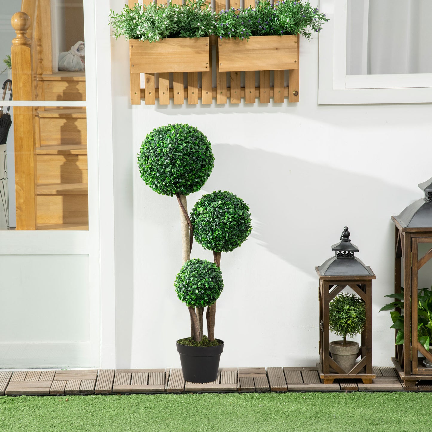 HOMCOM Decorative Artificial Tree Boxwood Ball Topiary Tree in Pot Fake Plant for Home Indoor Outdoor Decor, 90 cm, Dark Green