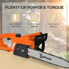 DURHAND Aluminium Electric Chainsaw with Double Brake Protection and Blade Cover, 2000 W, 16 inch, for Wood, Trees and Branches, Orange