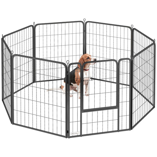 PawHut 8 Panels Heavy Duty Dog Playpen with Door Indoor Outdoor, for Medium Dogs, 80cm High