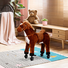 HOMCOM Plush Walking Horse Ride On Toy with Wheels and Realistic Sounds Rocking Horse for Girls Boys 3+ Years Old, 50cm Tall, Brown