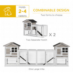 PawHut 2 in 1 Rabbit Hutch Outdoor Guinea Pig Hutch Bunny Run Double Main House with Run, No-Leak Tray 259 x 64 x 92cm, Grey