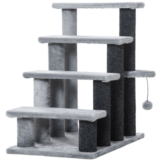 PawHut 4-step Pet Stairs with Scratching Posts, Platforms, Toy Ball, Grey