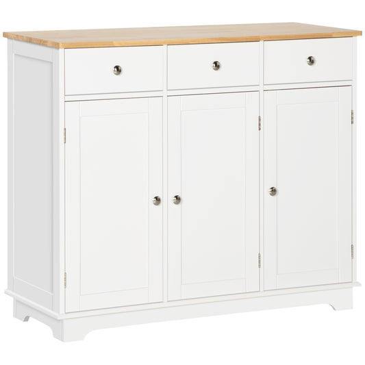 HOMCOM Modern Sideboard with Rubberwood Top, Buffet Cabinet with Storage Cabinets, Drawers and Adjustable Shelves for Living Room, Kitchen, White