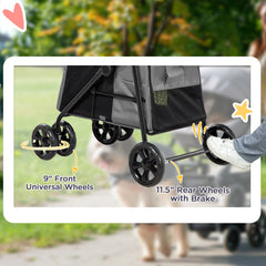 عربة أطفال PawHut Dog Pram ذات 4 عجلات للكلاب الأليفة مع باب دوار ووسادة ومقود أمان للكلاب الصغيرة والمتوسطة الحجم، باللون الرمادي