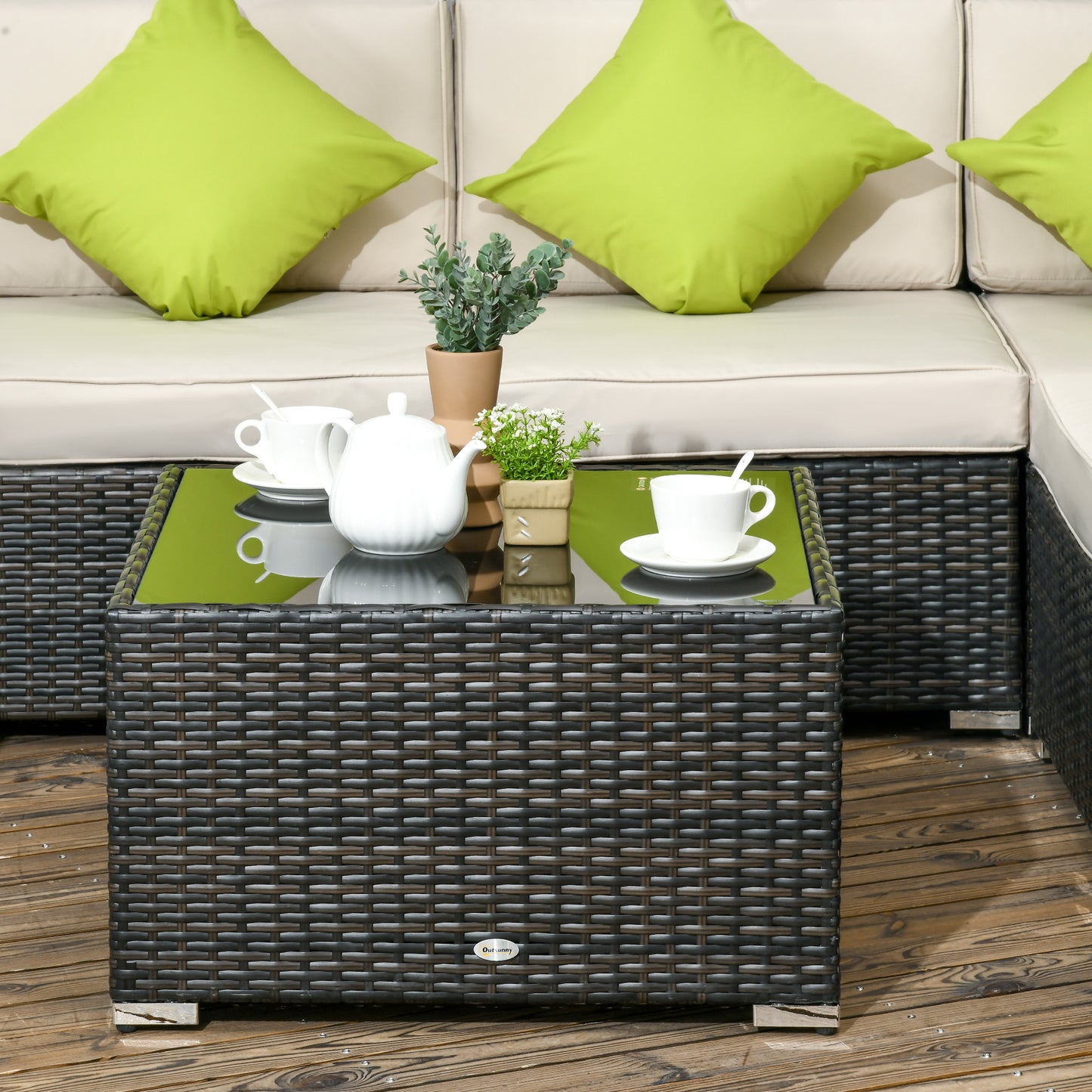 Outsunny 7-Seater PE Rattan Corner Sofa Set, Garden Furniture Set, Patio Wicker Sofa Seater w/ Cushion, Washable Cushion Cover & Tempered Glass Table, Brown