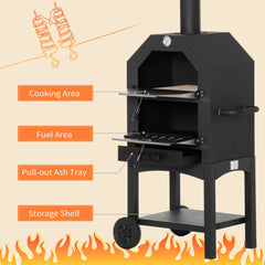 Outsunny Outdoor Garden Pizza Oven Charcoal BBQ Grill 3-Tier Freestanding w/ Chimney, Mesh Shelf, Thermometer Handles, Wheels Garden Party Gathering Stainless Steel Cooker