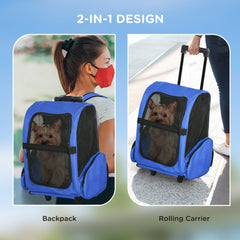 PawHut Pet Travel Backpack Bag Cat Puppy Dog Carrier w/ Trolley and Telescopic Handle Portable Stroller Wheel Luggage Bag (Blue)