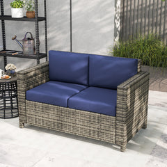 Outsunny 2 Seater Garden Furniture, Rattan Sofa with Soft Padded Cushion and Armrests, Wicker Garden Loveseat for Patio, Navy Blue