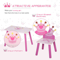 HOMCOM 3 Pcs Kids and Table Chair Set Princess & Crown Theme Home Furniture Pretty Gift 2-4 Years Pink