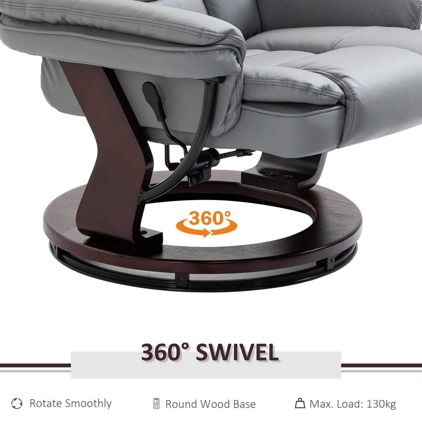 HOMCOM Recliner Chair With footstool, Recliner Armchair up to 130kg Weight Capacity, 135√Ç¬∞ Reclining Swivel Sofa Chair, PU Leather Ergonomic Couch Bed with Swivel Wood Base for Living Room, Grey