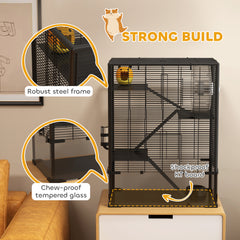 PawHut 4 Tiers Hamster Cage with Deep Tempered Glass Bottom, Hut, Running Wheel, Food Dish, Water Bottle, 60 x 40 x 80cm