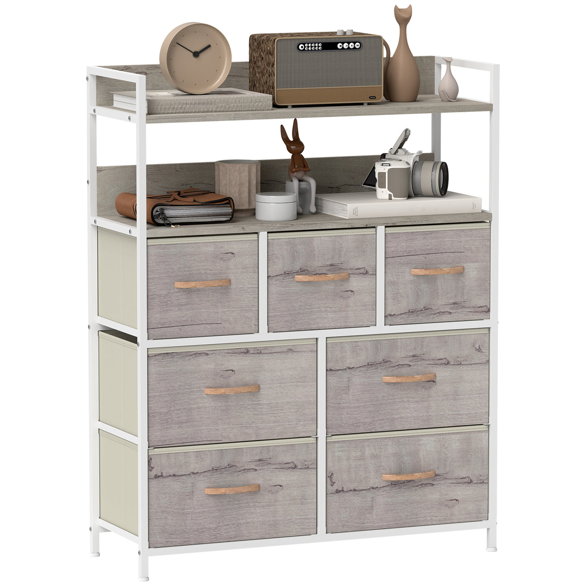 HOMCOM Rustic Chest of Seven Fabric Drawers - Natural Wood Finish