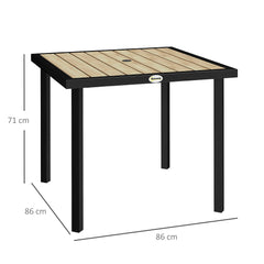 Outsunny Square Garden Dining Table with 5.4cm Parasol Hole, Slatted Top, Metal Frame, 86 x 86 x 71cm, Brown