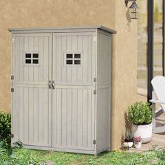 Outsunny Wooden Garden Shed with Two Windows, Tool Storage Cabinet, Outdoor Double Door Organizer 127.5L x 50W x 164H cm, Grey