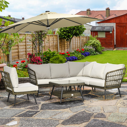 Outsunny 5 Pieces Outdoor Rattan Corner Sofa, Round and Twin Half-round Wicker Woven Rattan Garden Furniture w/ Thick Padded Cushions and Tempered Glass Top Two-tier Table, Grey