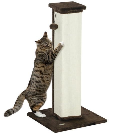 PawHut 81cm Cat Scratcher, Vertical Full Scratcher w/ Natural Sisal Rope, Hanging Ball, Soft Plush - Brown