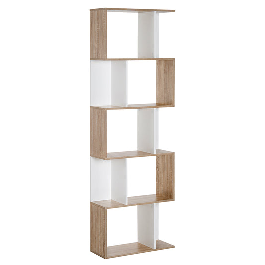 HOMCOM Bookcase, S-Shaped Wooden Bookshelf, 5/6 Tiers Freestanding Storage Shelf, Home Office Decorative Display Stand Rack, Oak and White, 24D x 60W x 184.5H