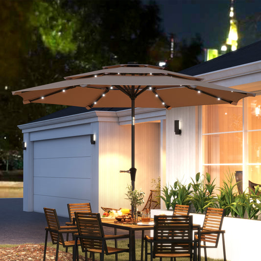 Outsunny 3-Tier Garden Parasol with Solar LED Lights, UPF 30+, Tilt Mechanism & Crank Handle, for Market Terrace, Khaki