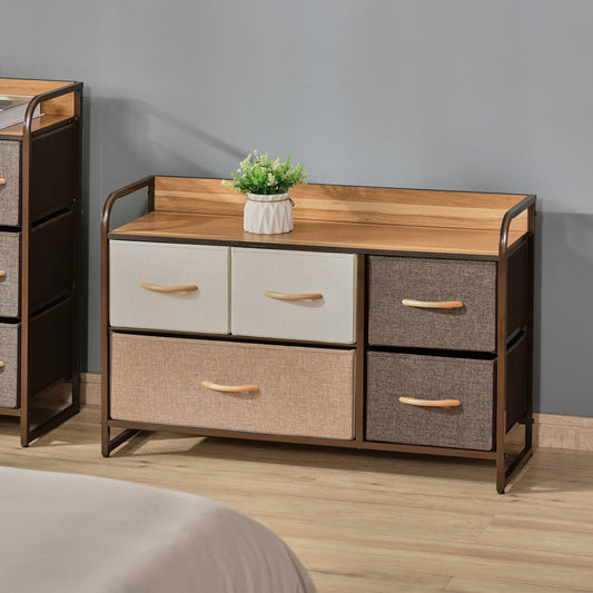 HOMCOM 5-Drawer Dresser, Linen Fabric Chest of Drawers, Dresser Tower Unit for Bedroom Hallway Entryway, Storage Organizer with Steel Frame Wooden Top