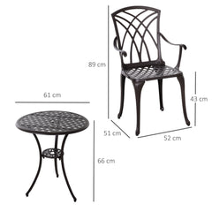 Outsunny 3 Pieces Garden Dining Set for 2, Cast Aluminium Outdoor Dining Set with 2 Armchairs and Round Dining Table with Parasol Hole, Garden Furniture Set, Brown