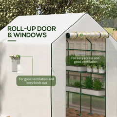 Outsunny Walk-in Greenhouse with 3 Tier 12 Shelves, Small Greenhouse with Reinforced PE Cover, Garden Plant Growhouse with Roll-up Door and Three Mesh Windows, 140 x 213 x 190 cm, White