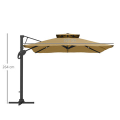 Outsunny Garden Parasol, 3(m) Cantilever Parasol with Hydraulic Mechanism, Dual Vented Top, 8 Ribs, Cross Base, Khaki