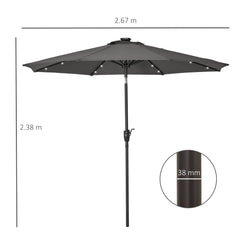 Outsunny 2.7m Garden 24 LED Light Parasol Solar Outdoor Tilt Sun Umbrella Patio Club Party Event Manual Sun Shade w/ Hand Crank and 8 Ribs, Grey