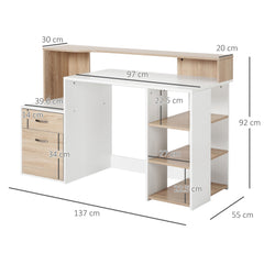 HOMCOM Computer Desk with Drawers and Storage Shelves, Reception Desk, Study Workstation for Home Office, 137 x 55 x 92cm, Oak and White