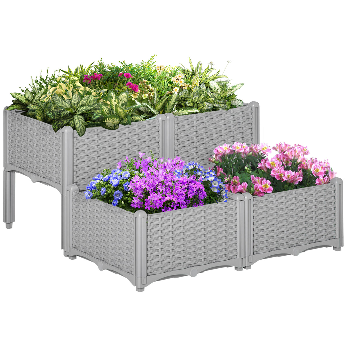 Outsunny 40cm x 40cm x 44cm 26L Set of 4 Garden Raised Bed Elevated Patio Flower Plant Planter Box PP Vegetables Planting Container, Grey