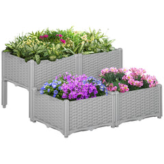 Outsunny 40cm x 40cm x 44cm 26L Set of 4 Garden Raised Bed Elevated Patio Flower Plant Planter Box PP Vegetables Planting Container, Grey