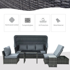 Outsunny 5 PCS Outdoor Rattan Wicker Sofa Sets Reclining Sofa Adjustable Canopy & Side Table Dining Table Set Sectional Conversation Furniture w/ Cushions, Mixed Grey